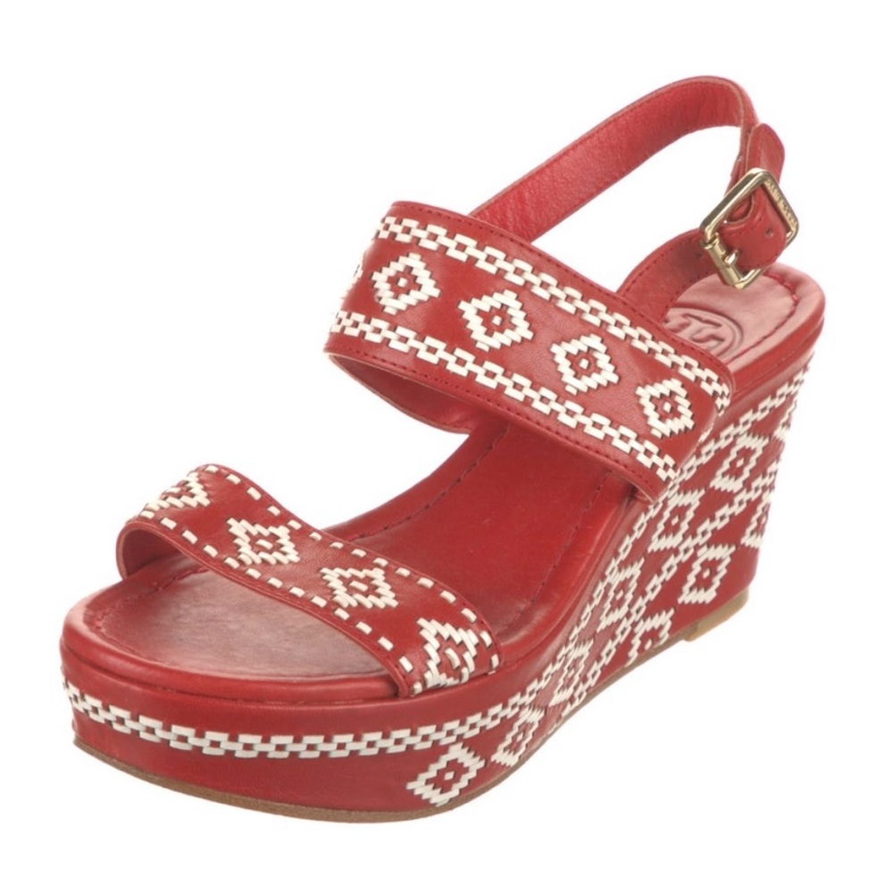 Tory Burch Red and white Aztec style platforms! Size 5.5. Authentic!